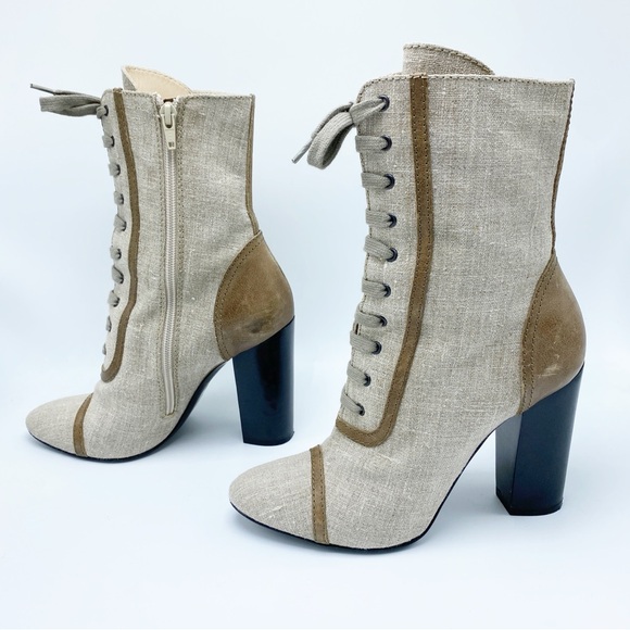 MaxMara size 38 / 8 Canvas and Leather Lace up Mid Calf Booties - Picture 2 of 9